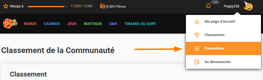 Classement - Menu utilisateur